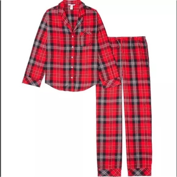 VICTORIA'S SECRET Shimmer Flannel Long Red Black PJ Set Medium - Picture 1 of 7